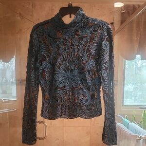 Vintage Cache Blue And Black Lace Long Sleeve High Neck Blouse